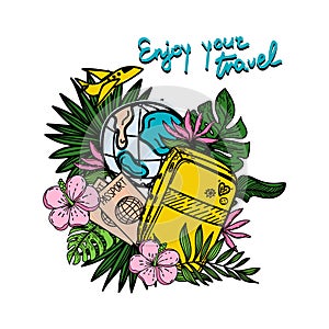 Enjoy your journey. Motivational header. Travel banner with cartoon suitcase, passports and tropical flowers and leaves