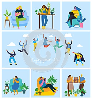 Enjoy your life. Concept of young people jumping on blue background and enjoing the coffee, playing guitar, doing yoga and