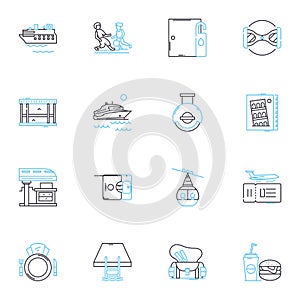 Enjoyable jaunt linear icons set. Adventure, Escapade, Expedition, Fun, Leisure, Excursion, Outing line vector and