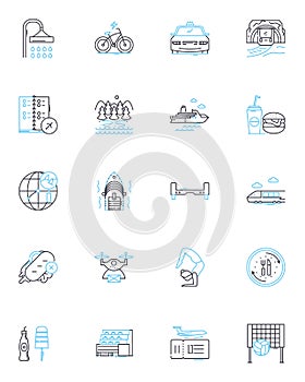 Enjoyable jaunt linear icons set. Adventure, Escapade, Expedition, Fun, Leisure, Excursion, Outing line vector and