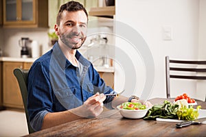 Enjoying a healthy salad at home