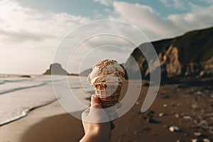 Enjoying Ice Cream on the Beach. Generative AI