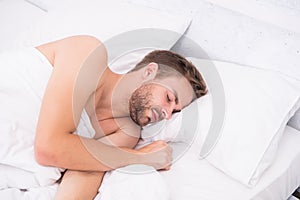 Enjoying leisure time at home. morning sex concept. sexy man sleep in bed. good morning. sweet dreams. male health and