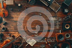 Enjoying Music with Instruments and Audio Equipment on a Wooden Background, Featuring People Engaged in Music