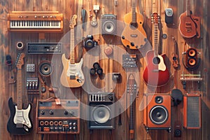 Enjoying Music with Instruments and Audio Equipment on a Wooden Background, Featuring People Engaged in Music