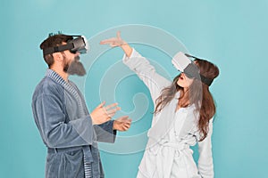 Enjoying new experience. family couple wear vr glasses. girl and man hipster relax. morning start with future technology