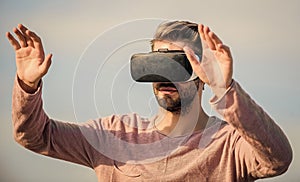 Enjoying new reality. sexy man sky vr glasses. macho man wear wireless VR glasses.. guy virtual reality goggles. create