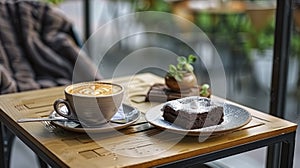 Enjoying the Perfect Pairing of Latte Coffee and Chocolate Cake at a Bar\'s Outdoor Seating Area