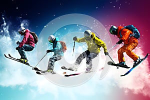 enjoying skiing, ski resort, skier jumping, winter holiday concept,