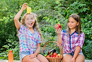 Enjoying themselves. harvest vitamin. spring market garden. small girls vegetable basket. Only natural juice. children