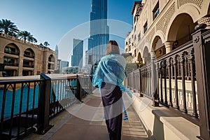 Enjoying travel in United Arabian Emirates. Young woman in dress walking on Dubai Downtown
