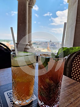 Enjoying two summer drinks with ice in Budapest