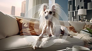 Enjoying urban life: A Chinese Crested dog in a stylish apartment, showcasing love and care for pets