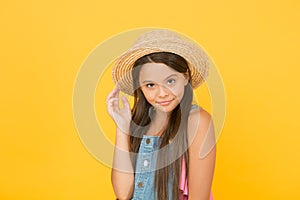 Enjoying vacation. Good vibes. Beach style. Little beauty in straw hat. Fancy outfit. Teen girl summer fashion. Summer