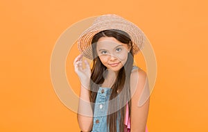 Enjoying vacation. Good vibes. Beach style. Little beauty in straw hat. Fancy outfit. Teen girl summer fashion. Summer