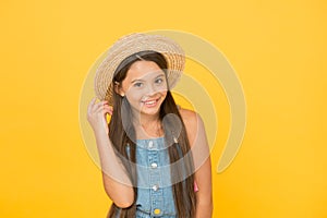 Enjoying vacation. Good vibes. Beach style. Little beauty in straw hat. Portrait of happy cheerful girl in summer hat