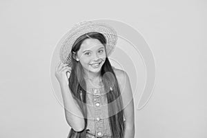 Enjoying vacation. Good vibes. Beach style. Little beauty in straw hat. Portrait of happy cheerful girl in summer hat