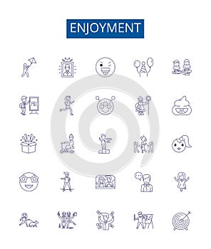 Enjoyment line icons signs set. Design collection of Delight, Rejoice, Revel, Enjoy, Jovial, Mirth, Sunshine, Fun