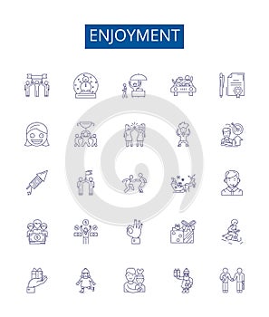 Enjoyment line icons signs set. Design collection of Delight, Rejoice, Revel, Enjoy, Jovial, Mirth, Sunshine, Fun photo