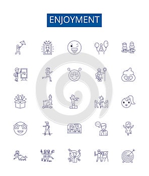 Enjoyment line icons signs set. Design collection of Delight, Rejoice, Revel, Enjoy, Jovial, Mirth, Sunshine, Fun photo