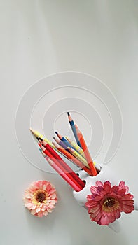 Enlarged photo of tooth-shaped pencil holder with colored pencils and flowers.