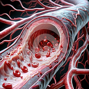 Enlarged section of a human vessel. An artery with a smooth inner surface and red blood cells. Multilayer artery