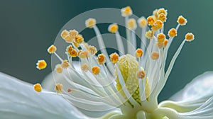 The enlarged tip of a flower stamen with tiny yellow grains ed together like a golden crown. .