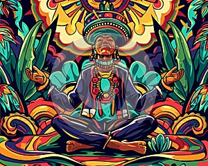 An enlightened figure meditates amidst psychedelic patterns, surrounded by symbols of prophecy photo
