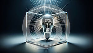 Enlightened Innovation Light Bulb in Glass Cube Forming Think Outside the Box