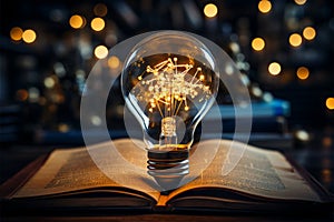 Enlightened insights Light bulb above book signifies creative ideas fostered through reading photo