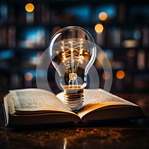 Enlightened insights Light bulb above book signifies creative ideas fostered through reading photo