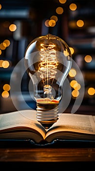 Enlightened insights Light bulb above book signifies creative ideas fostered through reading photo