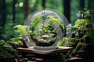 Enlightened Oasis: A Captivating Macro Shot of a Glass Terrarium Filled with Lush Green Ferns, Mos