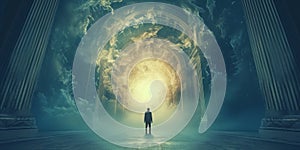 Enlightenment Journey Conceptual Banner Image With Person Seeking Heavenly Gates And Copy Space