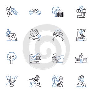 Enlivening pastimes line icons collection. Hiking, Gardening, Yoga, Meditation, Dancing, Painting, Cooking vector and