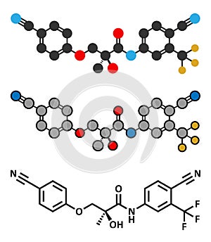 Enobosarm drug molecule. Stylized 2D renderings and conventional skeletal formula. Selective androgen receptor modulator (SARM)