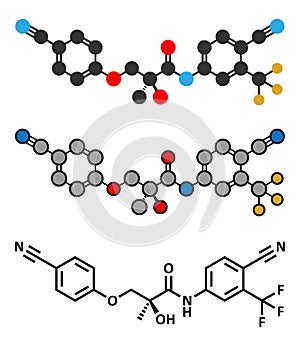 Enobosarm drug molecule. Stylized 2D renderings and conventional skeletal formula. Selective androgen receptor modulator (SARM) photo
