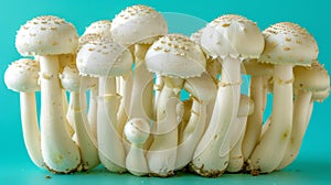 Enoki mushroom flammulina velutipes on a soft and delicate pastel colored background