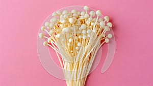 Enoki mushroom flammulina velutipes on soft pastel colored background for a delicate touch