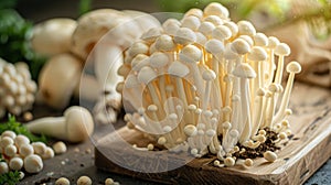 Enoki mushroom with spoon on wooden table for cooking