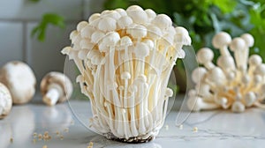 Enoki mushroom on wooden table for cooking