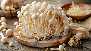 Enoki mushroom on wooden table for cooking