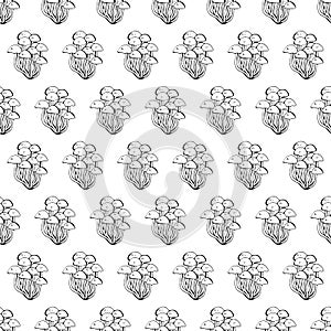 Enokitake mushroom hand drawn vector seamless pattern. Sketch food drawing isolated on white background. Organic vegetarian