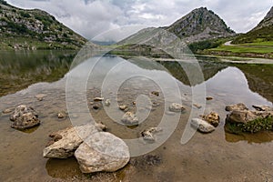 Enol lake in the mountains of the Picos de Europa in Asturias Spain