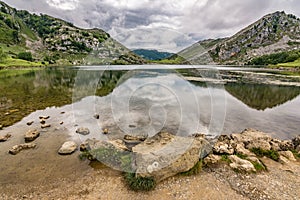 Enol lake in the mountains of the Picos de Europa in Asturias Spain