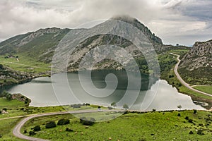 Enol lake in the mountains of the Picos de Europa in Asturias Spain