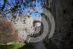 Enormous ancient walls of Rhodes. Medieval city in Rhodes town, Greece