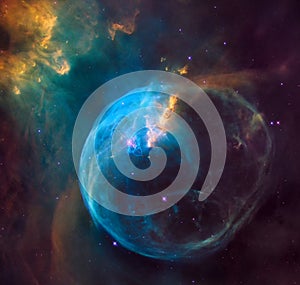 enormous bubble being blown into space by a super-hot, massive star. Hubble image of the Bubble Nebula.