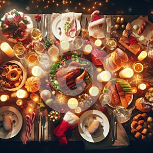 enormous christmas feast laid out on table