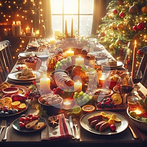 enormous christmas feast laid out on table with decorations and ornaments